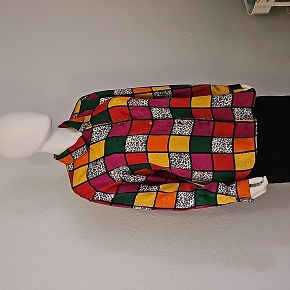 LAURA & JAYNE Colorful Satin Checkerboard Leopard Print Button Down Shirt - Picture 2 of 6